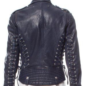 Barbara Bui Blue Lace Up Leather Motorcycle Jacket